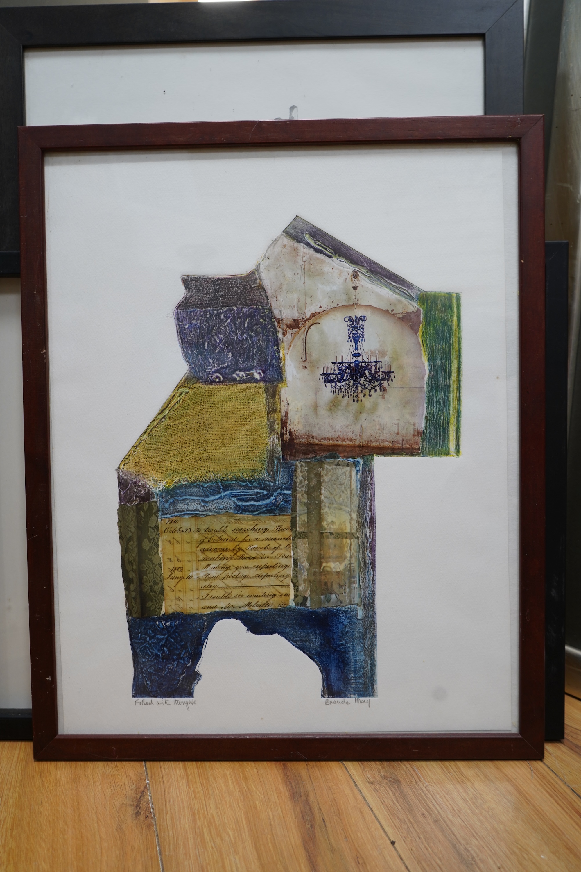 Brenda May (Modern British), a collection of five works to include a collage ‘Italian Autumn’, a pencil sketch and two collagraph prints, one titled ‘Rock Marks’, each signed in pencil, largest 58 x 41cm